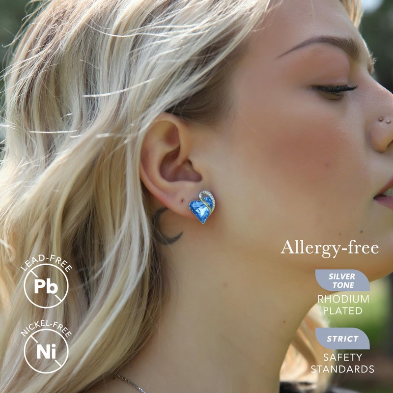Leafael Blue Earrings for Women, Mothers Day Gift for Mom, Light Sapphire Color Heart Stud Earring with Birthstone Crystal for March & December, Silver Plated Jewelry - Image 2
